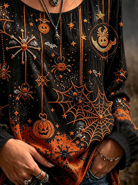 Josephine | Halloween-inspirierte, langärmlige Bluse mit Spinnennetz-Kürbis-Print und Rundhalsausschnitt