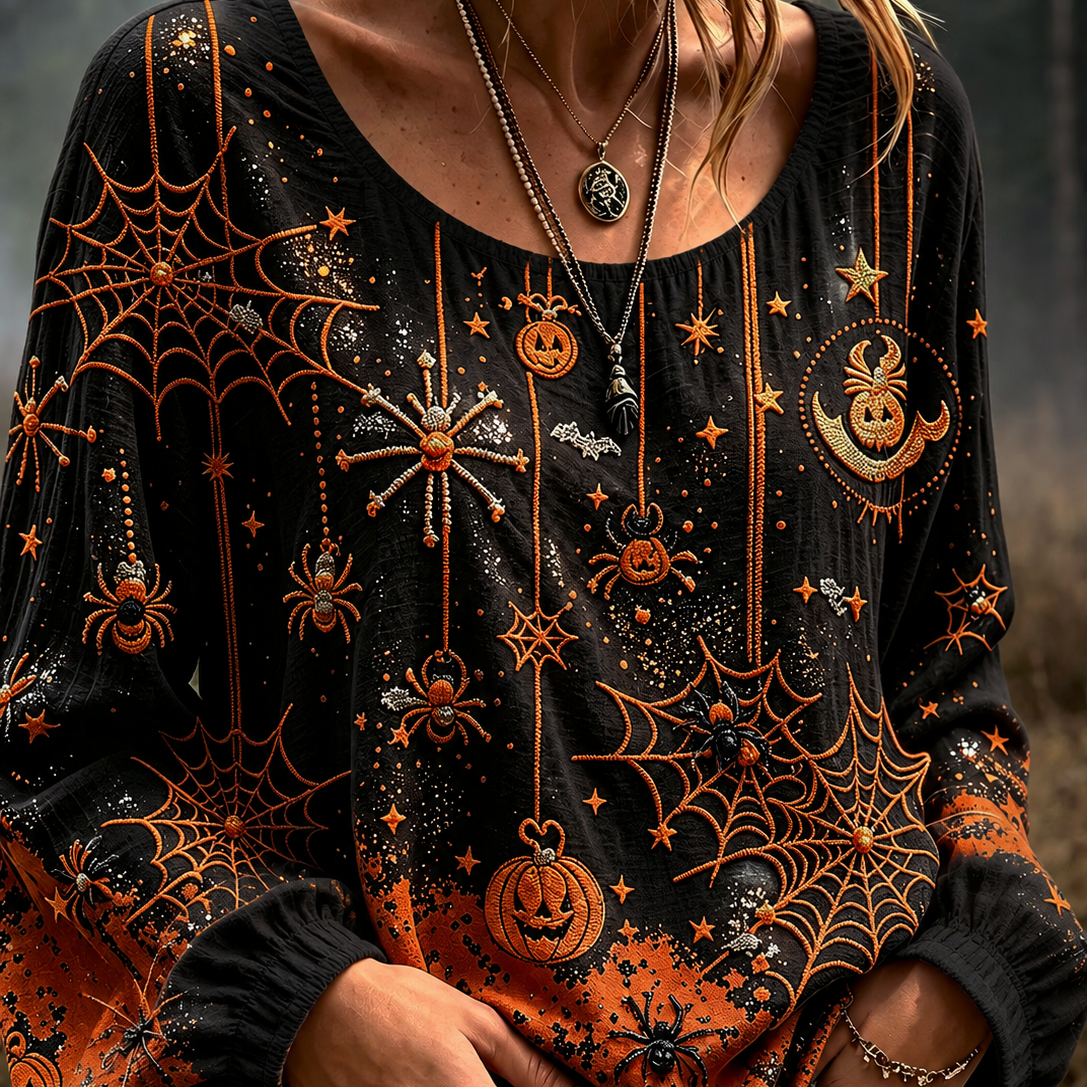 Josephine | Halloween-inspirierte, langärmlige Bluse mit Spinnennetz-Kürbis-Print und Rundhalsausschnitt