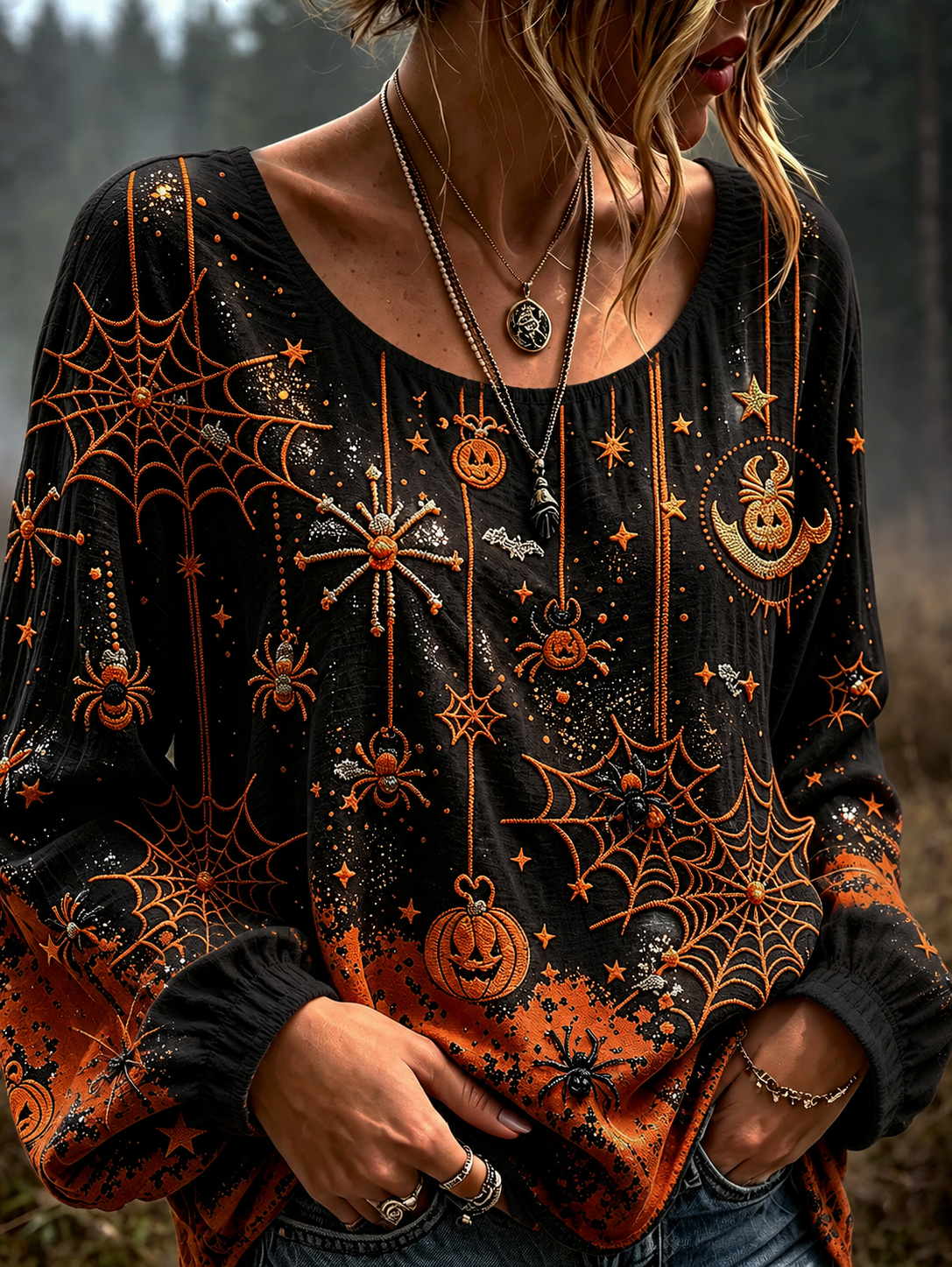 Josephine | Halloween-inspirierte, langärmlige Bluse mit Spinnennetz-Kürbis-Print und Rundhalsausschnitt