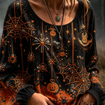 Josephine | Halloween-inspirierte, langärmlige Bluse mit Spinnennetz-Kürbis-Print und Rundhalsausschnitt