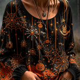 Josephine | Halloween-inspirierte, langärmlige Bluse mit Spinnennetz-Kürbis-Print und Rundhalsausschnitt