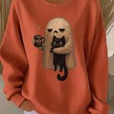Savannah | Von Halloween inspiriertes, geripptes Rundhals-Sweatshirt mit „Ghost Hug Black Cat Coffee“-Print