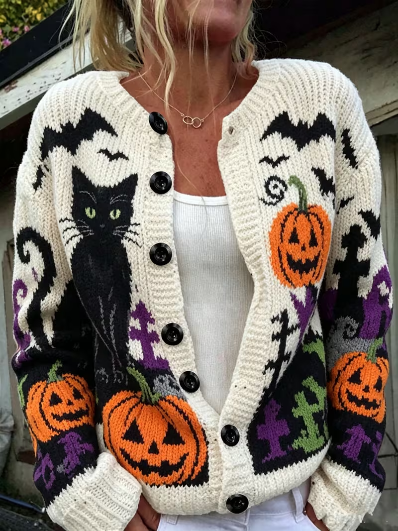 Daniela | Von Halloween inspirierte Strickjacke mit schwarzer Katze, Kürbis und Fledermausmuster und Knopfleiste vorne