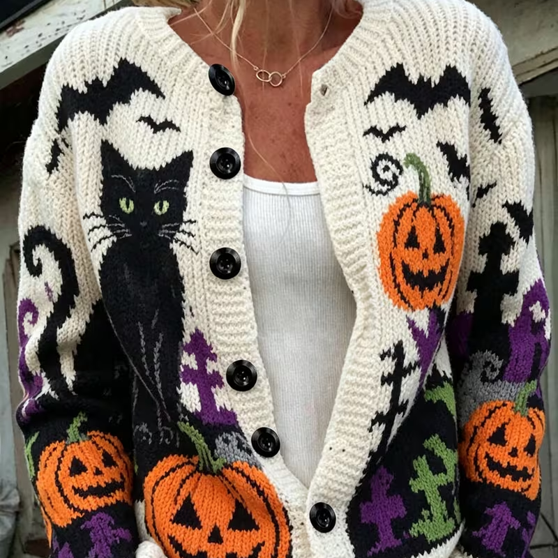 Daniela | Von Halloween inspirierte Strickjacke mit schwarzer Katze, Kürbis und Fledermausmuster und Knopfleiste vorne