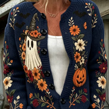 Barbara | Von Halloween inspirierter, mit Blumen bestickter Geister-Kürbis-Strick-Cardigan mit Knopfleiste vorne