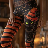 Angela | Halloween-inspirierte schwarze Hexenkatze gestreifte lange Leggings mit hoher Taille
