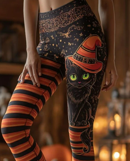 Angela | Halloween-inspirierte schwarze Hexenkatze gestreifte lange Leggings mit hoher Taille