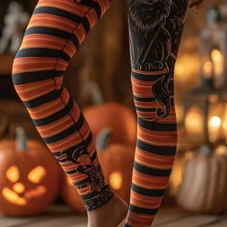 Angela | Halloween-inspirierte schwarze Hexenkatze gestreifte lange Leggings mit hoher Taille