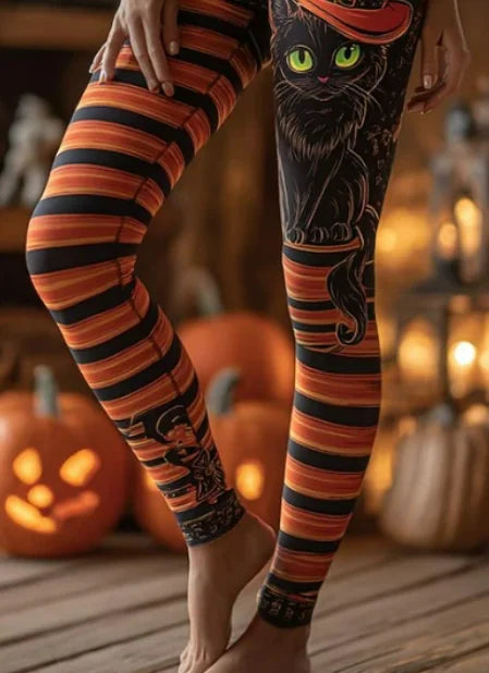 Angela | Halloween-inspirierte schwarze Hexenkatze gestreifte lange Leggings mit hoher Taille