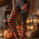 Angela | Halloween-inspirierte schwarze Hexenkatze gestreifte lange Leggings mit hoher Taille