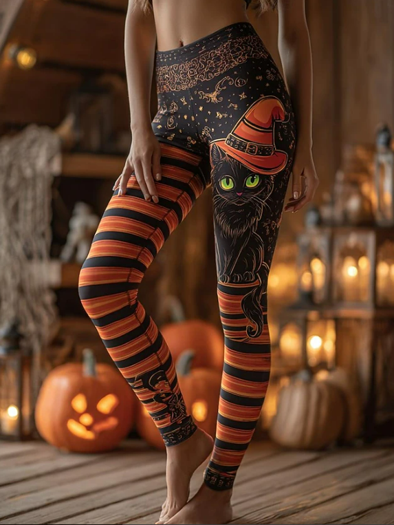 Angela | Halloween-inspirierte schwarze Hexenkatze gestreifte lange Leggings mit hoher Taille