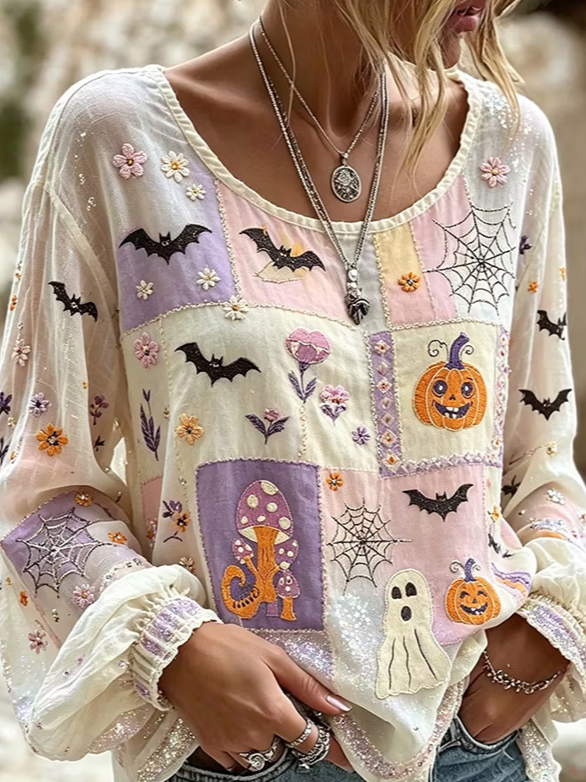 Deborah | Halloween-inspirierte Bluse mit Rundhalsausschnitt und langen Ärmeln