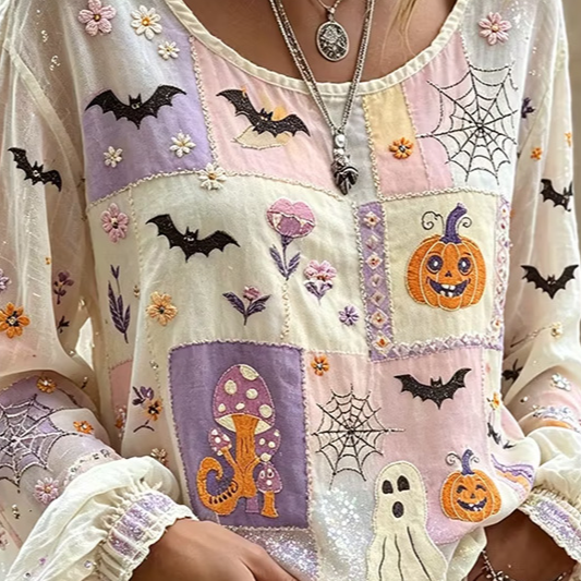 Deborah | Halloween-inspirierte Bluse mit Rundhalsausschnitt und langen Ärmeln
