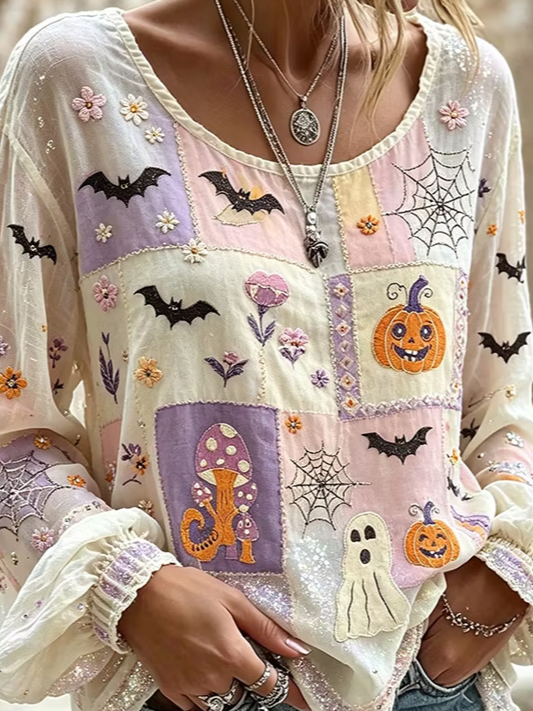 Deborah | Halloween-inspirierte Bluse mit Rundhalsausschnitt und langen Ärmeln