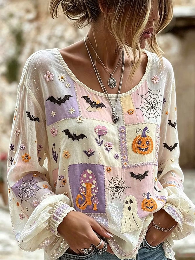Deborah | Halloween-inspirierte Bluse mit Rundhalsausschnitt und langen Ärmeln