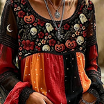 Lucia | Halloween-Blumenbluse, lässige Bluse, Rundhalsausschnitt, lange Ärmel, bedrucktes Oberteil