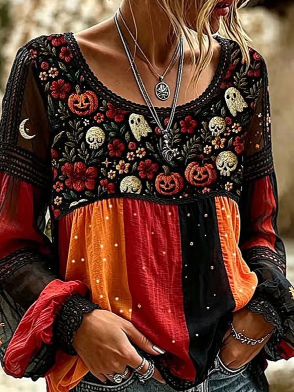 Lucia | Halloween-Blumenbluse, lässige Bluse, Rundhalsausschnitt, lange Ärmel, bedrucktes Oberteil