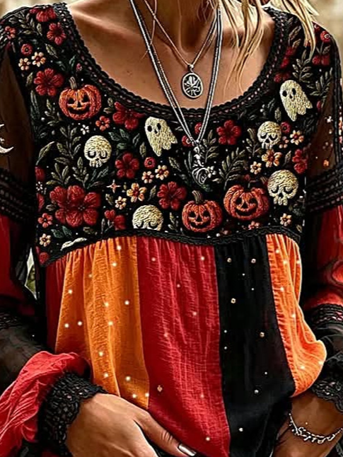 Lucia | Halloween-Blumenbluse, lässige Bluse, Rundhalsausschnitt, lange Ärmel, bedrucktes Oberteil