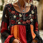 Lucia | Halloween-Blumenbluse, lässige Bluse, Rundhalsausschnitt, lange Ärmel, bedrucktes Oberteil