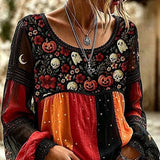 Lucia | Halloween-Blumenbluse, lässige Bluse, Rundhalsausschnitt, lange Ärmel, bedrucktes Oberteil