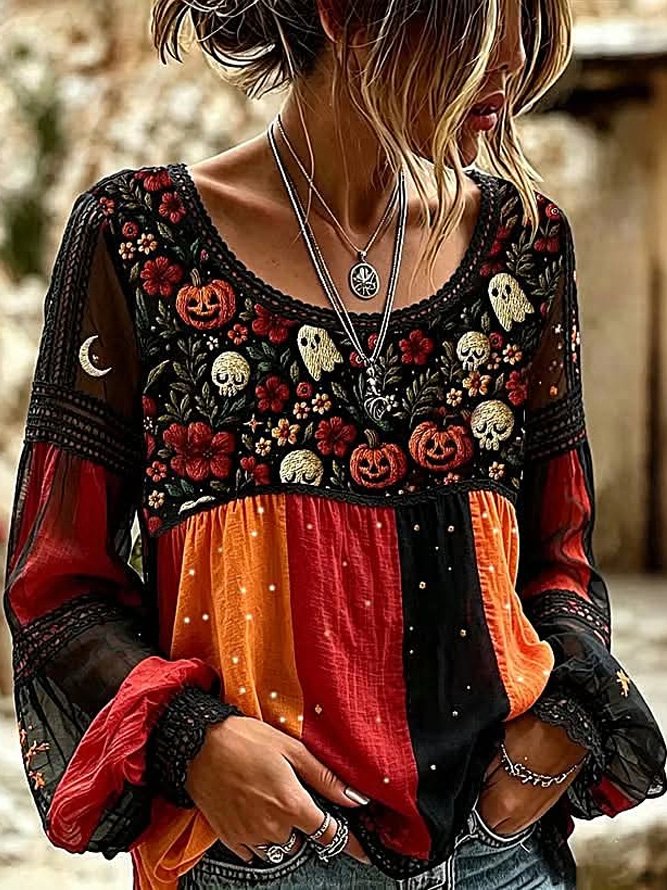 Lucia | Halloween-Blumenbluse, lässige Bluse, Rundhalsausschnitt, lange Ärmel, bedrucktes Oberteil