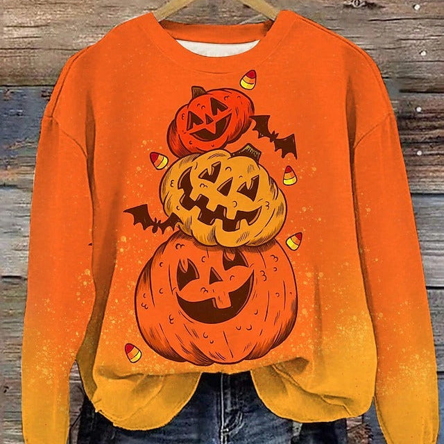 Emmeline | Halloween-inspiriertes Kürbis-Print-Sweatshirt mit Rundhalsausschnitt
