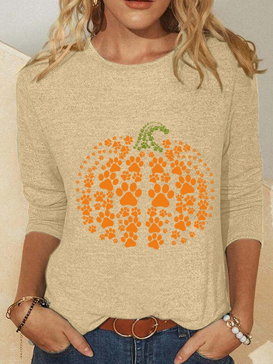 Rose | Halloween-inspirierte, langärmlige Bluse mit Kürbismuster und Rundhalsausschnitt