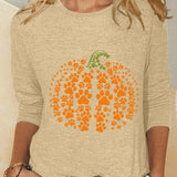 Rose | Halloween-inspirierte, langärmlige Bluse mit Kürbismuster und Rundhalsausschnitt