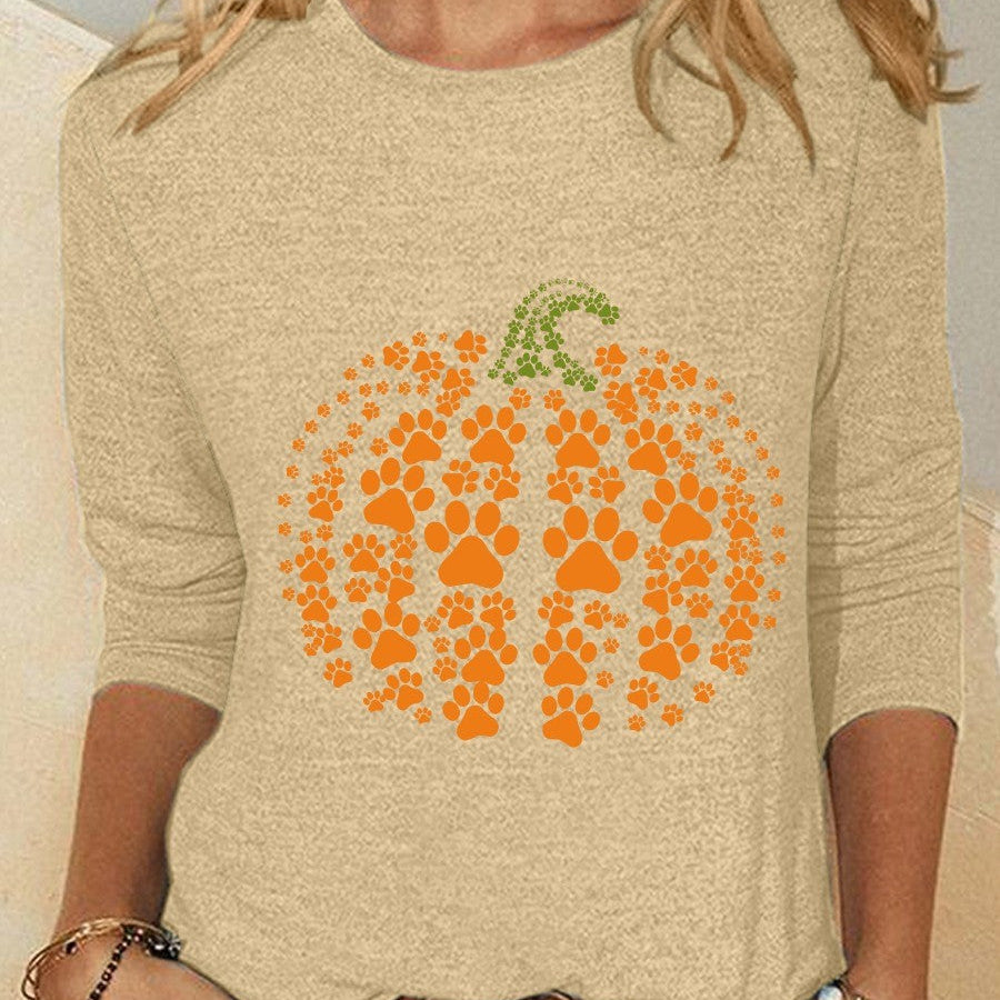 Rose | Halloween-inspirierte, langärmlige Bluse mit Kürbismuster und Rundhalsausschnitt