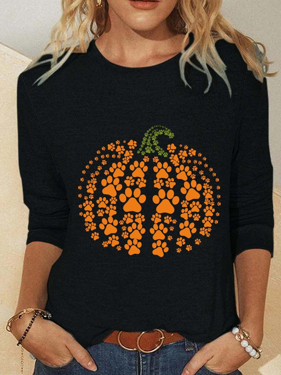 Rose | Halloween-inspirierte, langärmlige Bluse mit Kürbismuster und Rundhalsausschnitt