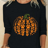 Rose | Halloween-inspirierte, langärmlige Bluse mit Kürbismuster und Rundhalsausschnitt