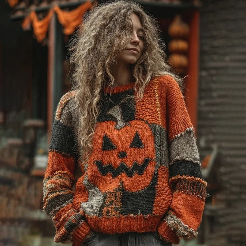 Chiara | Vintage-Halloween-inspirierter Kürbisgesicht-Patchwork-Strickpullover mit rundem Halsausschnitt
