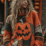 Chiara | Vintage-Halloween-inspirierter Kürbisgesicht-Patchwork-Strickpullover mit rundem Halsausschnitt