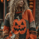 Chiara | Vintage-Halloween-inspirierter Kürbisgesicht-Patchwork-Strickpullover mit rundem Halsausschnitt
