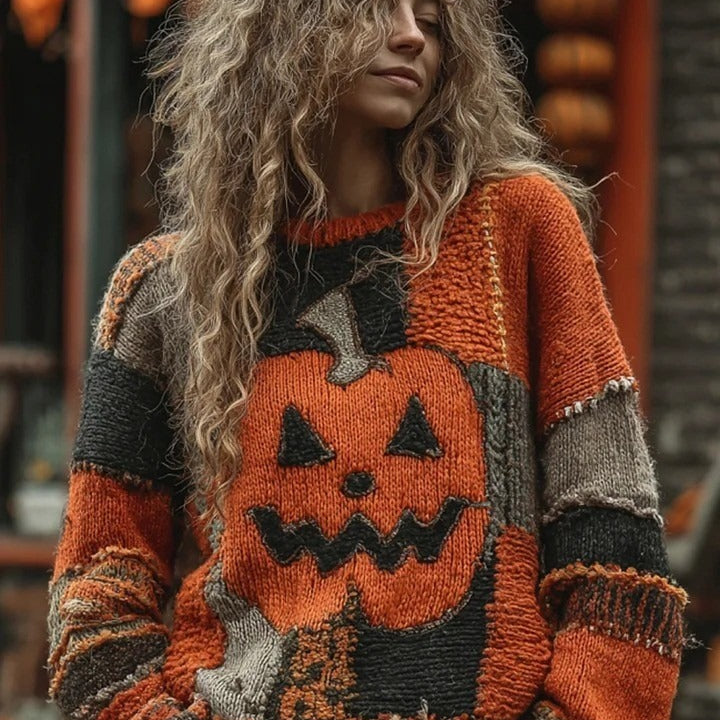 Chiara | Vintage-Halloween-inspirierter Kürbisgesicht-Patchwork-Strickpullover mit rundem Halsausschnitt