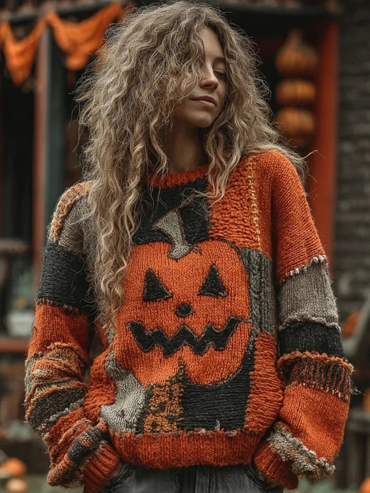 Chiara | Vintage-Halloween-inspirierter Kürbisgesicht-Patchwork-Strickpullover mit rundem Halsausschnitt