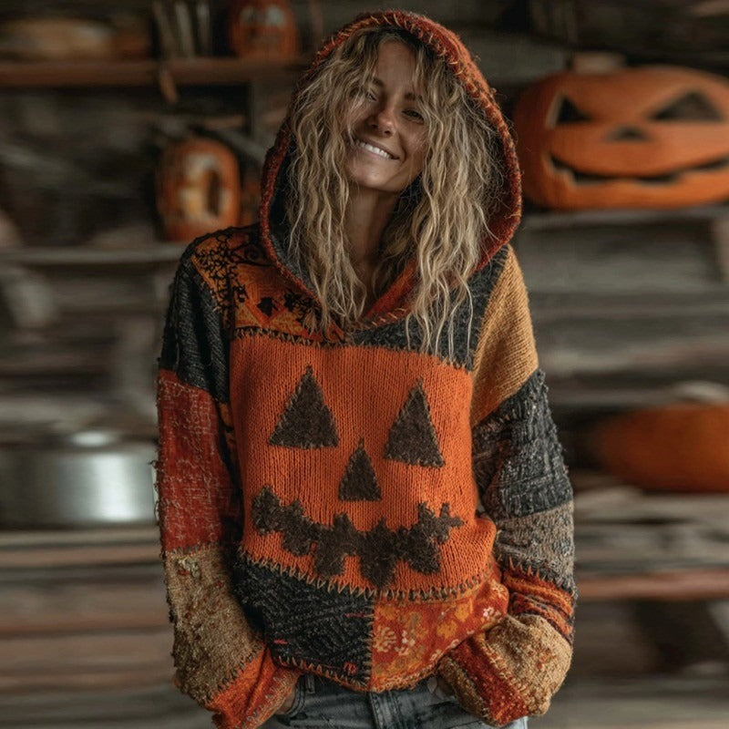 Skylar | Halloween-inspirierter Kürbisgesicht-Patchwork-Hoodie aus gemütlichem Strick