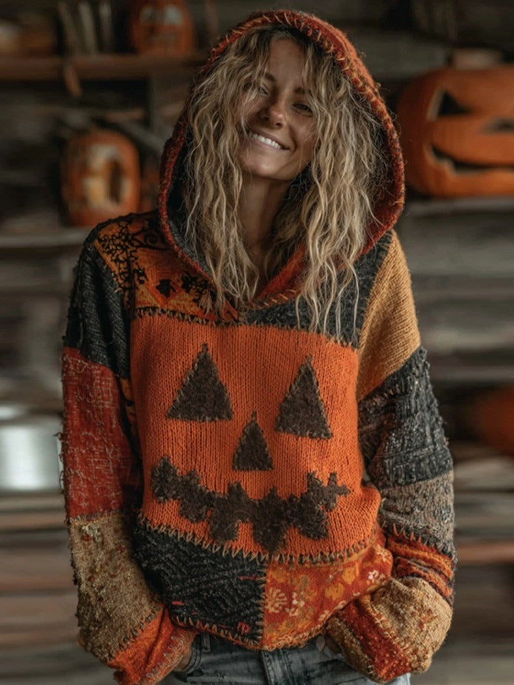 Skylar | Halloween-inspirierter Kürbisgesicht-Patchwork-Hoodie aus gemütlichem Strick