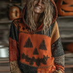 Skylar | Halloween-inspirierter Kürbisgesicht-Patchwork-Hoodie aus gemütlichem Strick