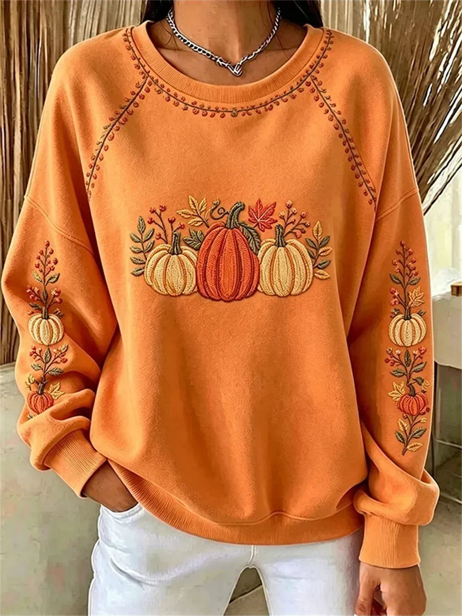 Isabella | Halloween Lässiges Ahornblatt-Langarm-Sweatshirt mit Rundhalsausschnitt