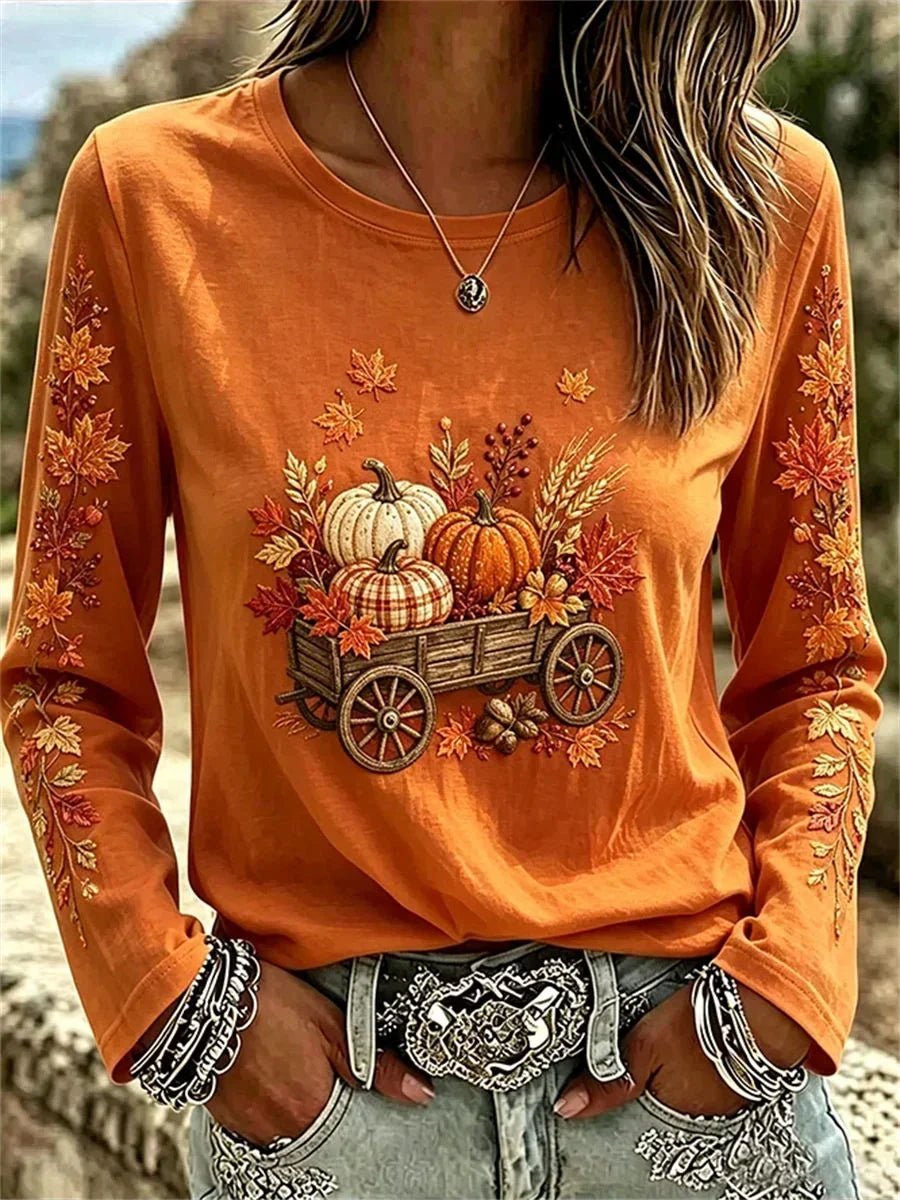 Evelyn | Halloween Lässiges Ahornblatt-Langarm-T-Shirt mit Rundhalsausschnitt