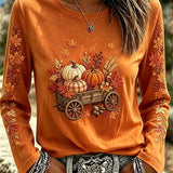 Evelyn | Halloween Lässiges Ahornblatt-Langarm-T-Shirt mit Rundhalsausschnitt