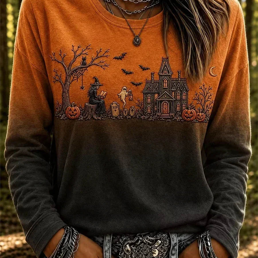 Gloria | Halloween-inspiriertes Langarm-T-Shirt mit Rundhalsausschnitt