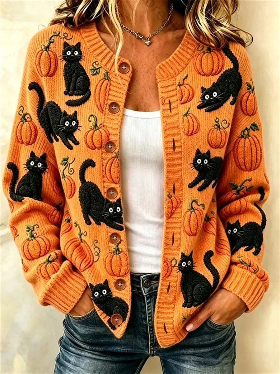 Sarah | Halloween-Katze-Langarm-Cardigan mit bequemem Vintage-Print