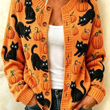 Sarah | Halloween-Katze-Langarm-Cardigan mit bequemem Vintage-Print