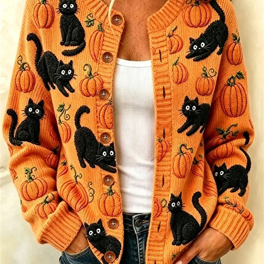 Sarah | Halloween-Katze-Langarm-Cardigan mit bequemem Vintage-Print