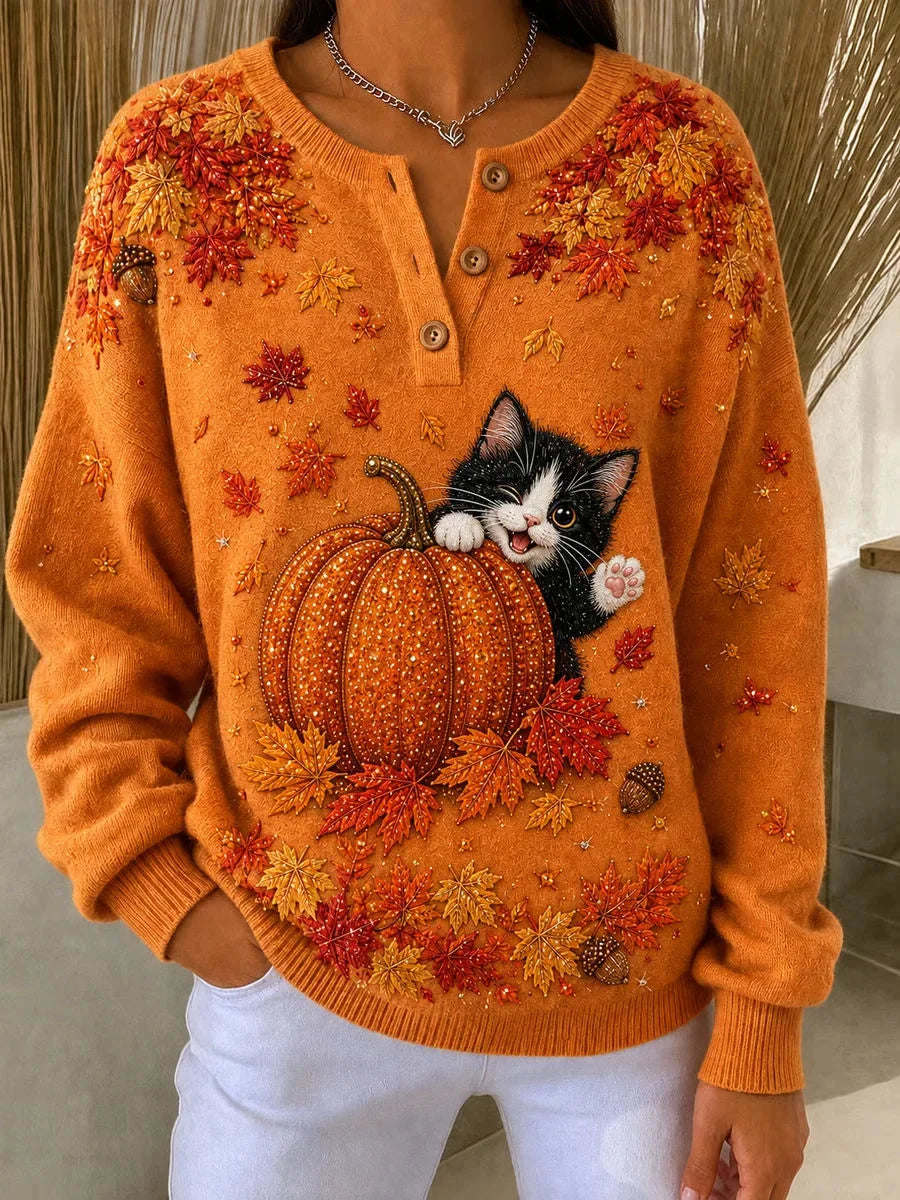Athena | Halloween Lässiges Katzen-Langarm-Sweatshirt mit Rundhalsausschnitt