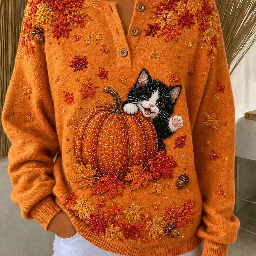 Athena | Halloween Lässiges Katzen-Langarm-Sweatshirt mit Rundhalsausschnitt