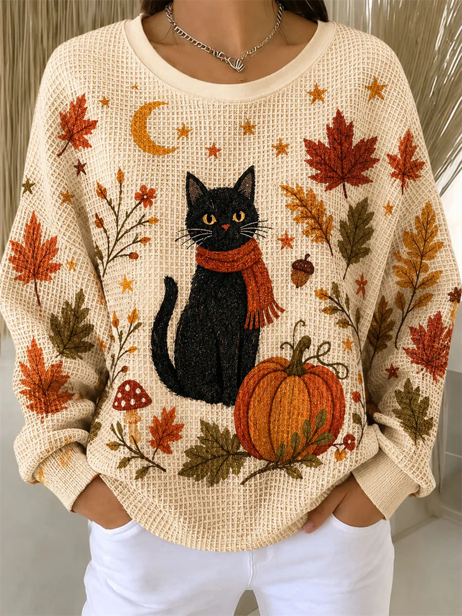 Layla | Halloween Lässiges Katzen-Langarm-Sweatshirt mit Rundhalsausschnitt
