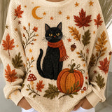 Layla | Halloween Lässiges Katzen-Langarm-Sweatshirt mit Rundhalsausschnitt